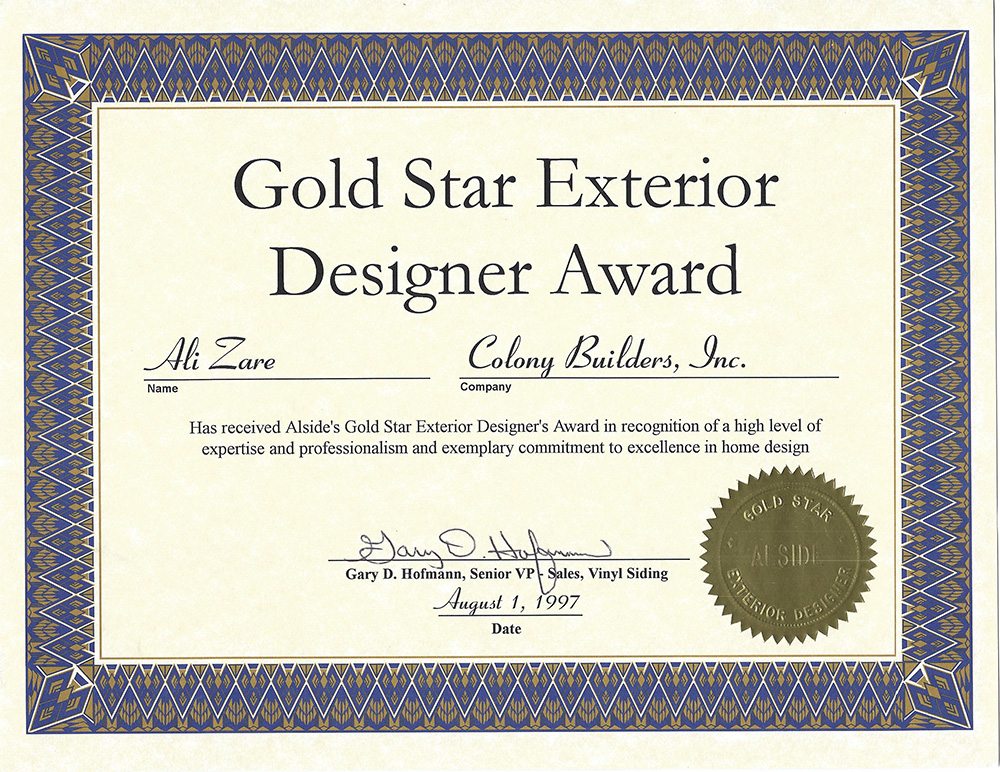 Alside Gold Star Exterior Designer Award presented to Ali Zare of Colony Builders in 1997