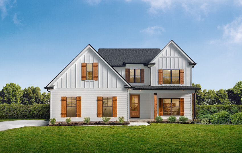 White modern farmhouse combining vertical board-and-batten panels with horizontal lap siding