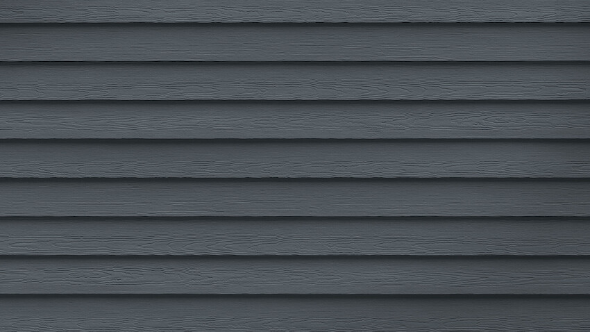 Close view of Evening Blue Hardie Plank lap siding in the Select Cedarmill wood-grain texture